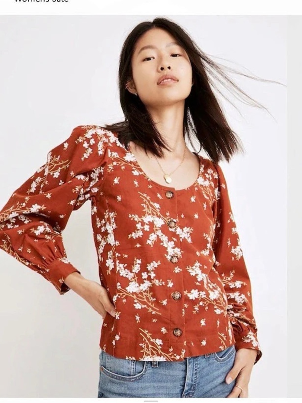 Madewell Corduroy Shirred-Sleeve Button-Front Top in Farmstand Bouquet Floral